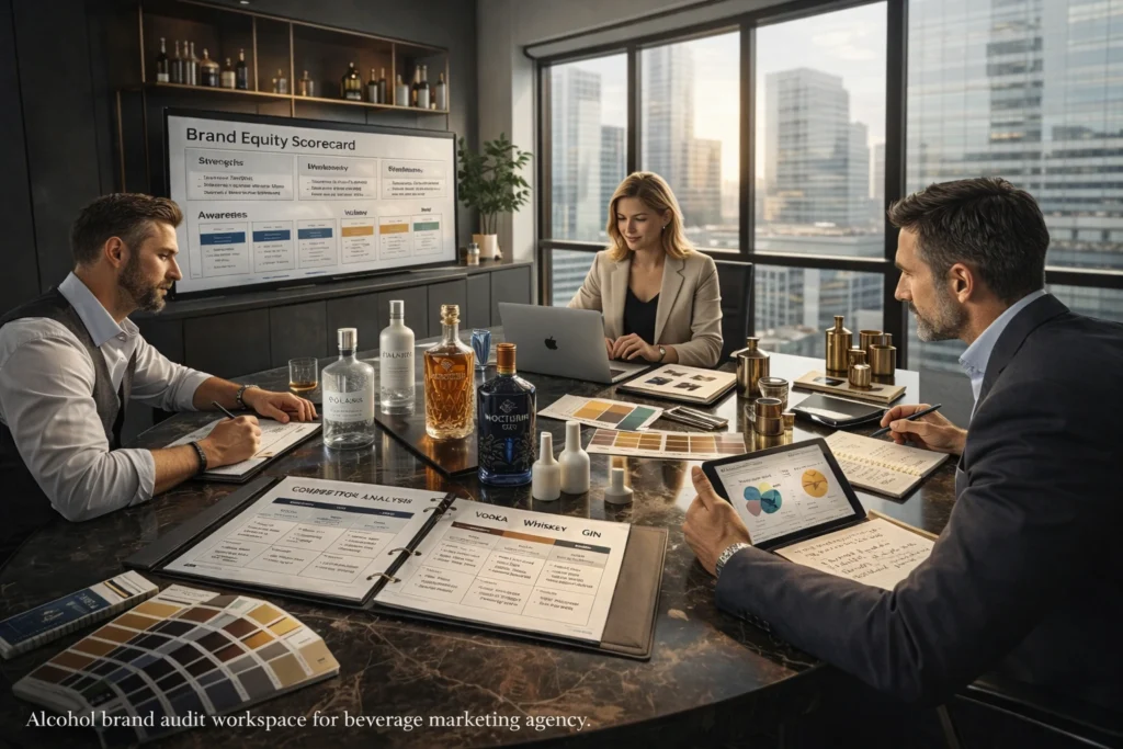 A high-end branding design workspace at United Beverage Marketing where insights from an alcohol brand audit are being applied to packaging.