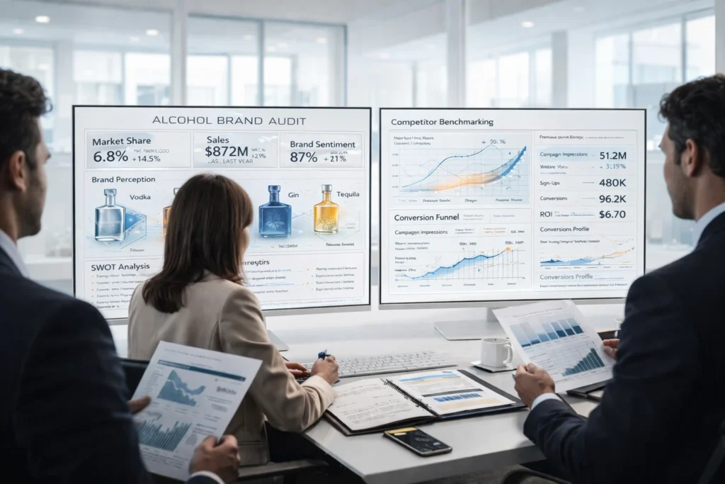 A digital marketing analytics dashboard at United Beverage Marketing tracking the performance of an alcohol brand audit strategy.