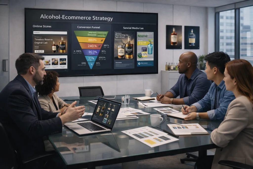 A professional beverage brand marketing strategy meeting at United Beverage Marketing focusing on alcohol ecommerce.