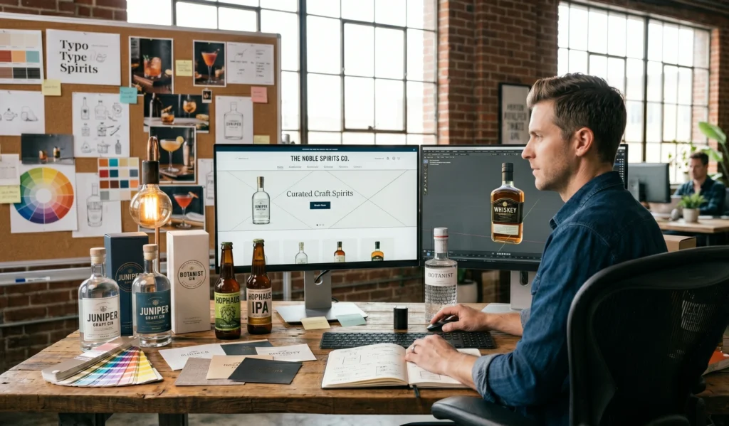 A professional branding design workspace at United Beverage Marketing dedicated to alcohol ecommerce.