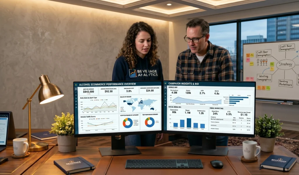 A digital marketing analytics dashboard at United Beverage Marketing tracking alcohol ecommerce performance.
