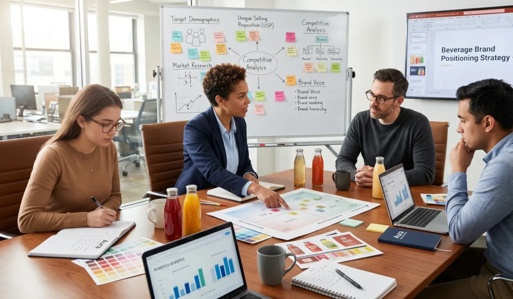 A strategic beverage brand positioning meeting at United Beverage Marketing, a professional beverage marketing agency.