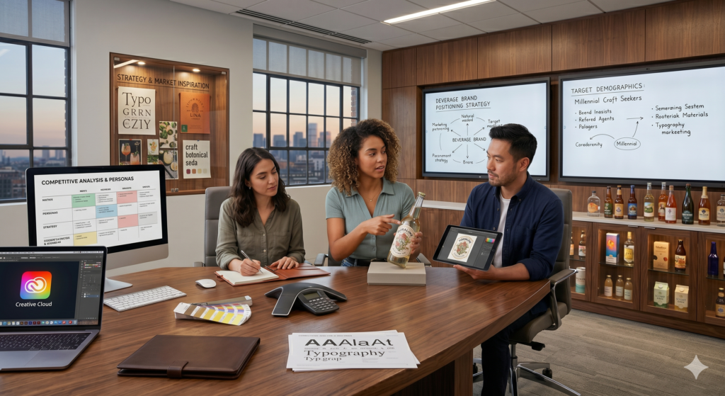 A high-end branding and packaging design workspace at United Beverage Marketing dedicated to beverage brand positioning.