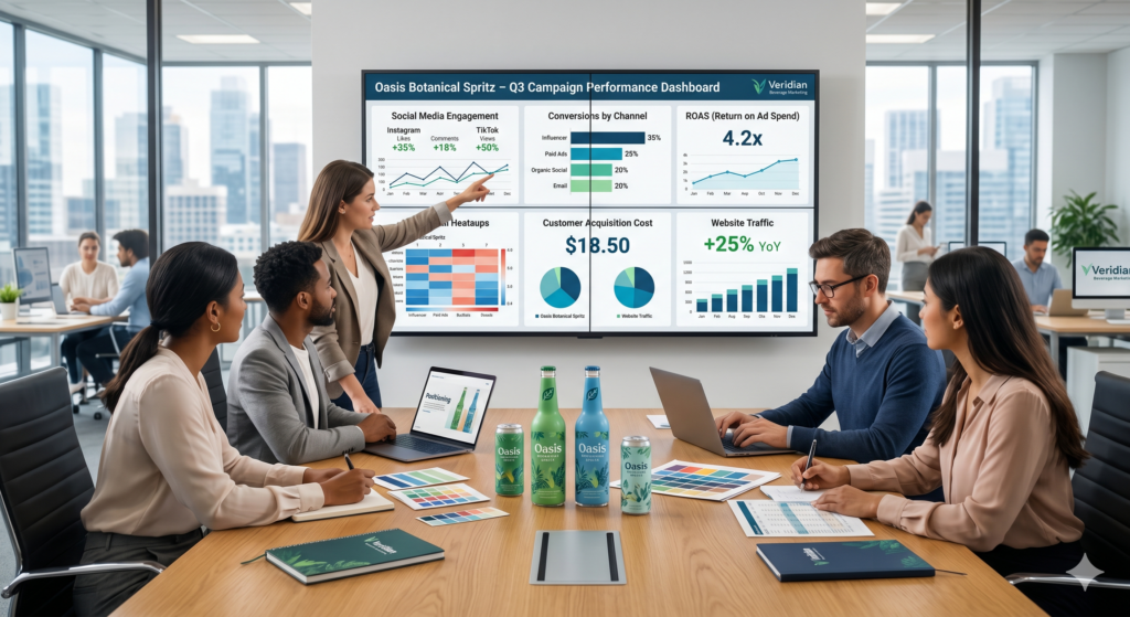 A digital marketing analytics dashboard at United Beverage Marketing tracking the effectiveness of beverage brand positioning.