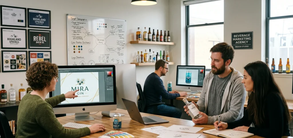 A professional packaging and branding design workspace at United Beverage Marketing, a specialized beverage marketing agency.