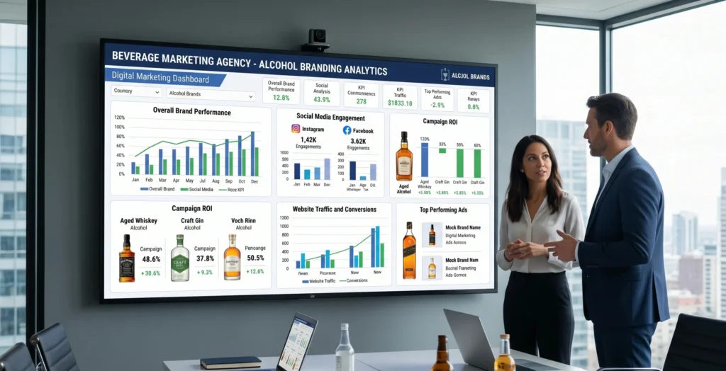 A digital marketing analytics dashboard used by United Beverage Marketing, a beverage marketing agency, to track brand growth.