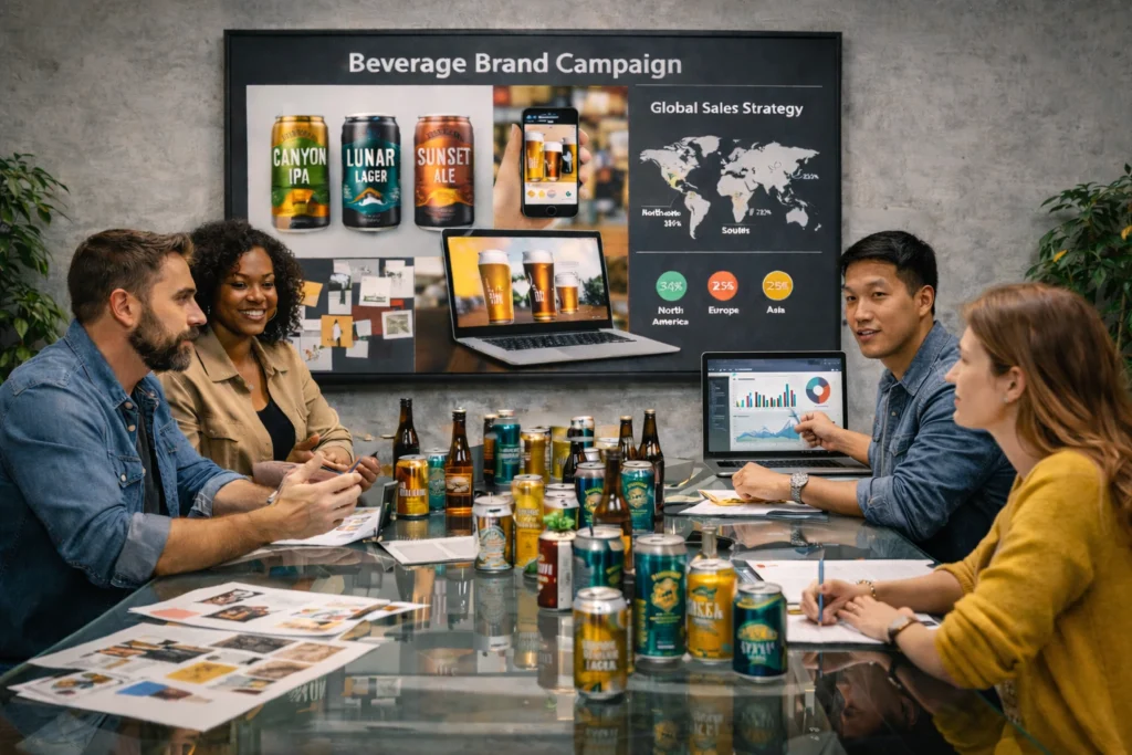 A professional beverage brand marketing strategy meeting at United Beverage Marketing focusing on Brewery Marketing.