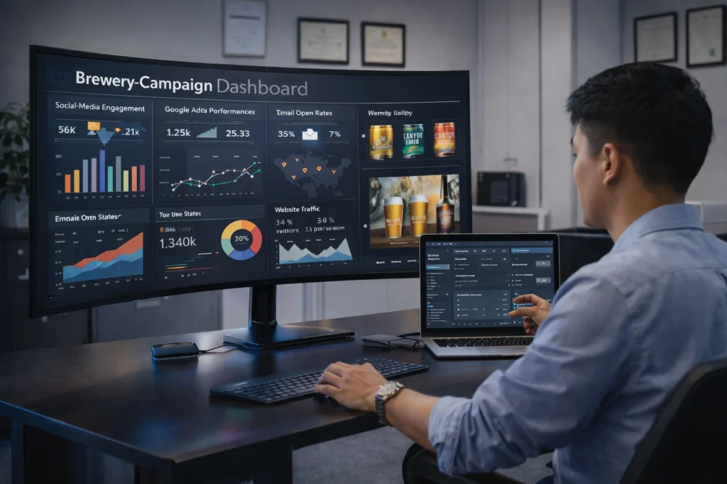 A professional digital marketing analytics dashboard used by United Beverage Marketing to track Brewery Marketing performance.