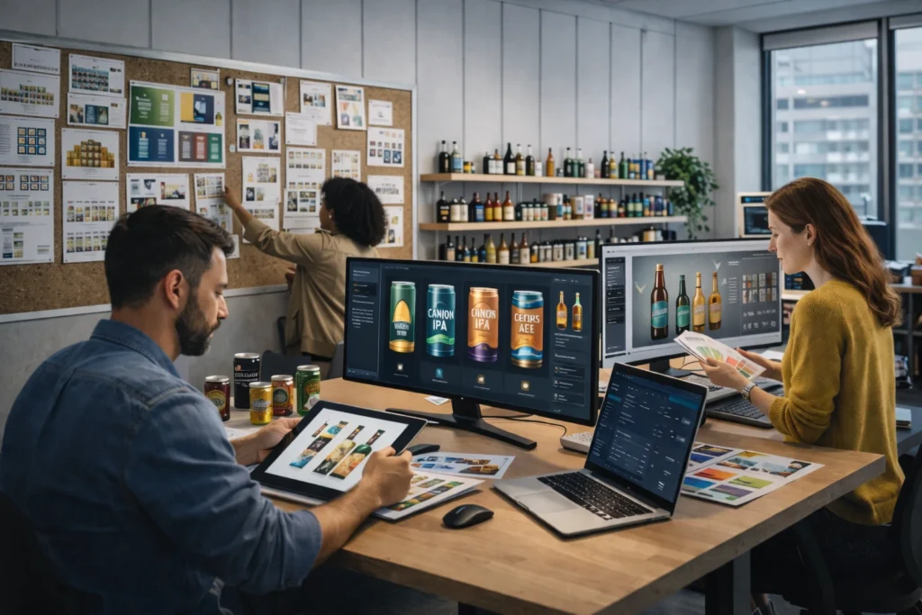 A professional packaging and branding design workspace at United Beverage Marketing dedicated to Brewery Marketing.