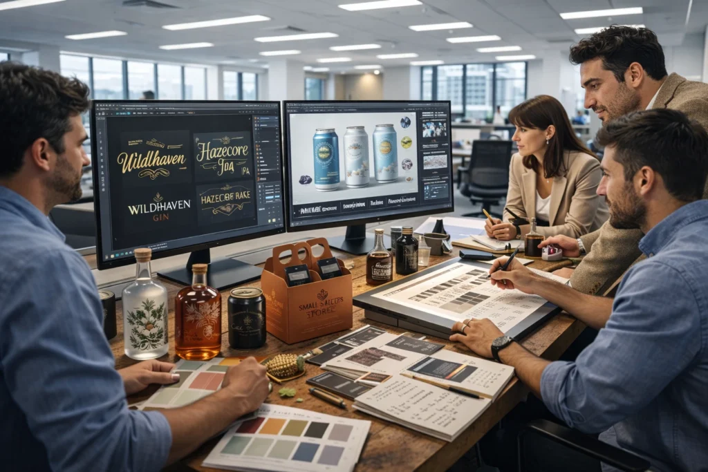 A professional packaging and branding design workspace at United Beverage Marketing dedicated to craft beverage marketing.
