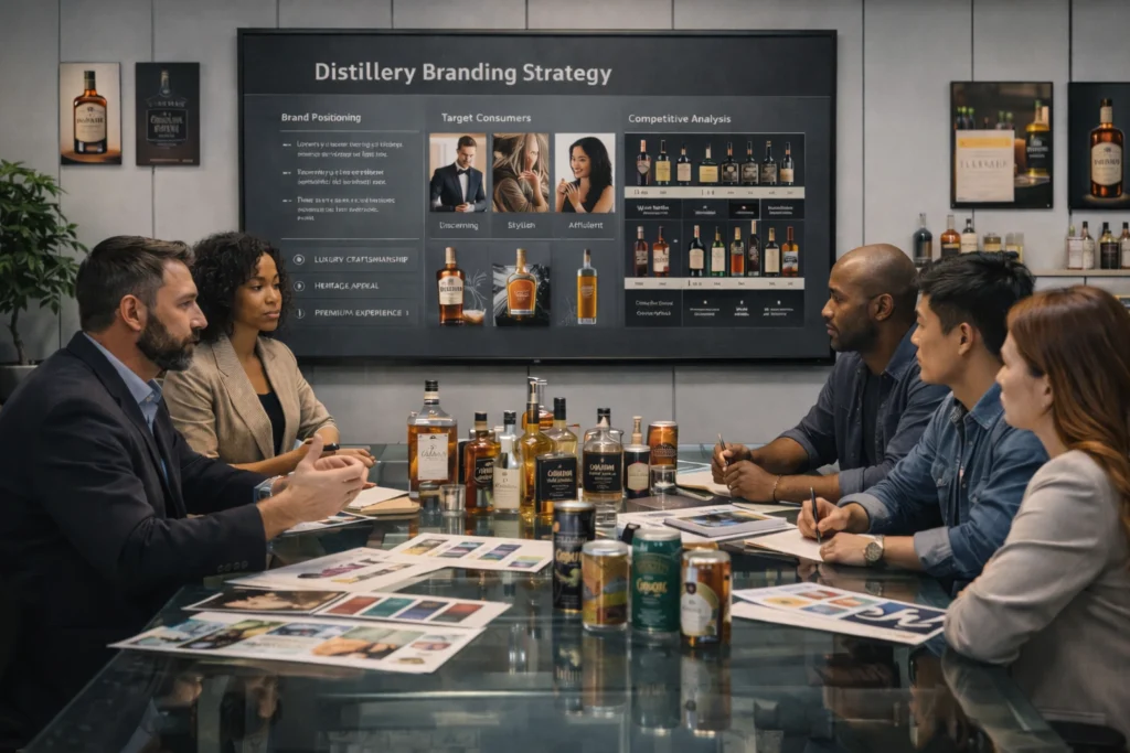 A professional beverage brand marketing strategy meeting at United Beverage Marketing focusing on Distillery Branding.