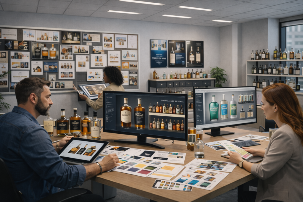 A professional packaging and branding design workspace at United Beverage Marketing dedicated to Distillery Branding.