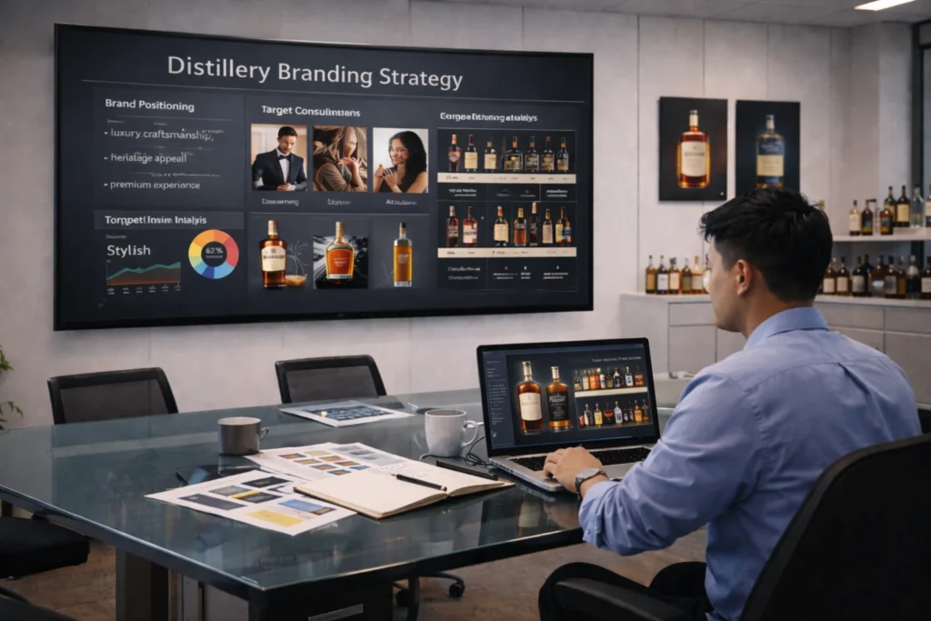 A professional digital marketing analytics dashboard used by United Beverage Marketing to track Distillery Branding performance.