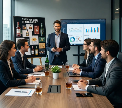 A professional beverage brand marketing strategy meeting at a premier liquor marketing agency.