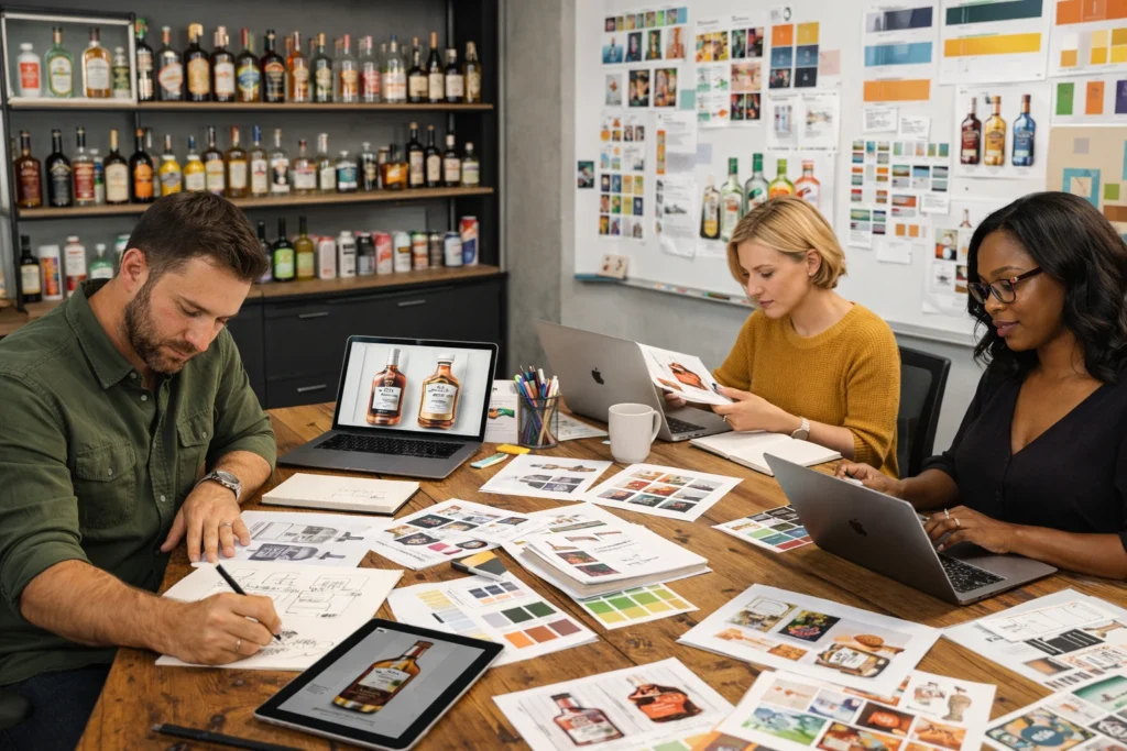 A professional packaging and branding design workspace at a liquor marketing agency.