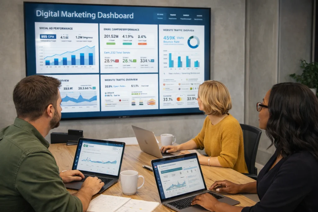 A professional digital marketing analytics dashboard used by a liquor marketing agency to track growth.