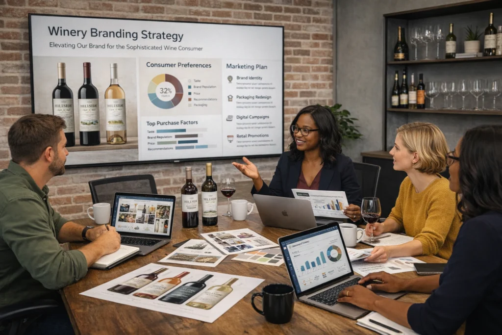 A professional beverage brand marketing strategy meeting at United Beverage Marketing focusing on winery branding.