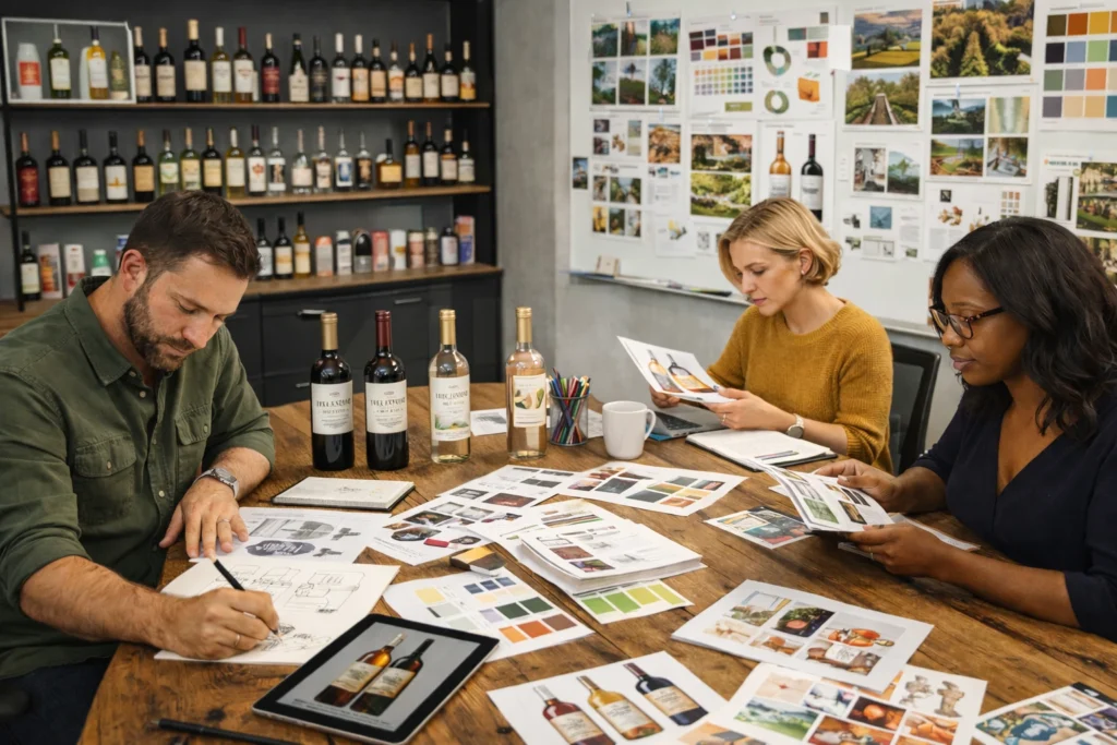 A professional packaging and branding design workspace at United Beverage Marketing dedicated to winery branding.