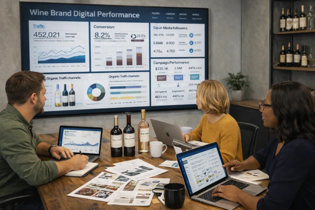 A digital marketing analytics dashboard at United Beverage Marketing tracking the performance of a winery branding campaign.
