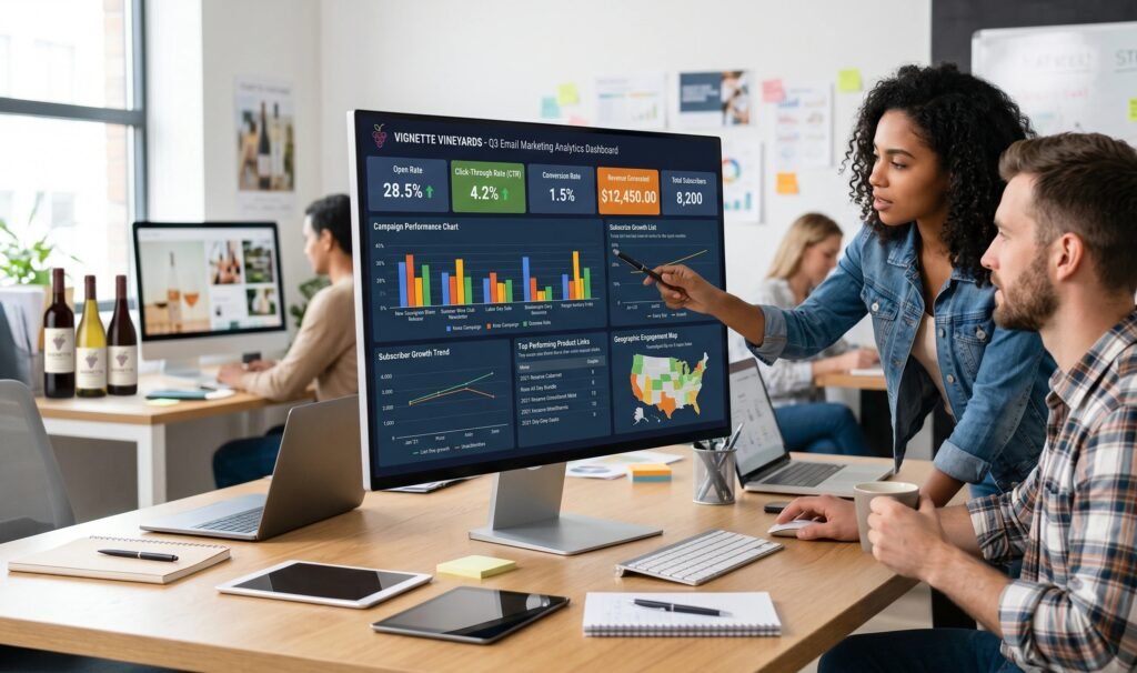 A digital marketing analytics dashboard at United Beverage Marketing tracking the performance of a winery email marketing campaign.