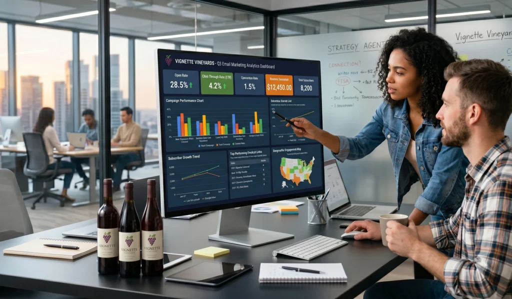 A professional design workspace at United Beverage Marketing where visual assets for winery email marketing are created.